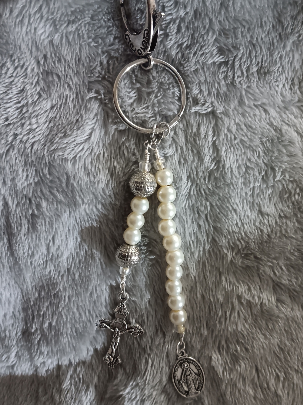 Pearl Bead Rosary Keychain with Silver Cross Charm
